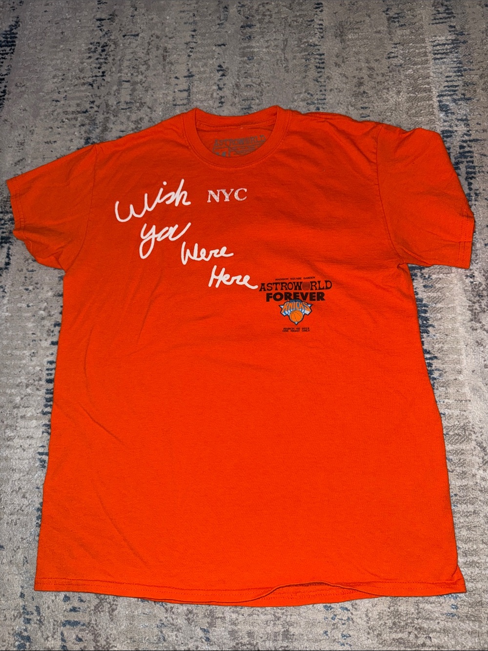 New York Knicks x Astroworld orange concert tee, March 2, 2019, size medium